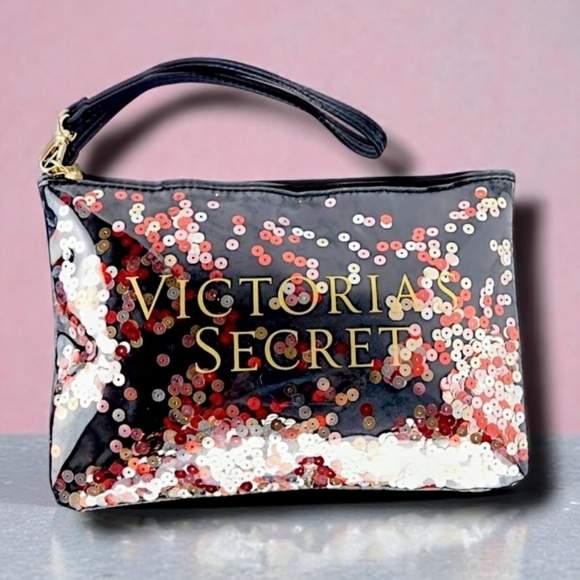 Victoria's Secret Vintage 2017 Pink & Gold Floating Sequins Wristlet Make-Up Bag - Picture 8 of 8
